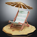 Red Frame Blue White Striped Lounge Chair With Yellow Umbrella On Sandy Platform