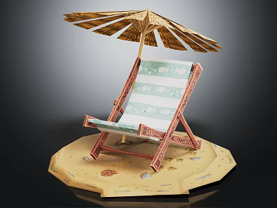 Red Frame Blue White Striped Lounge Chair With Yellow Umbrella On Sandy Platform 3d model