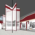 Modern Exhibition Hall Interior With Red White Walls Displayed Photos And Cabinets