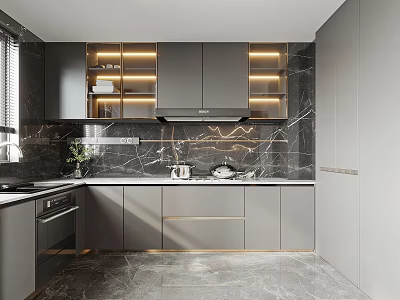 Modern Kitchen Interior With Gray Cabinets Black Marble Walls And Built In Light Strips 3d model