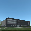 Modern Industrial Factory Building With Glass Curtain Walls Green Lawn And Trees