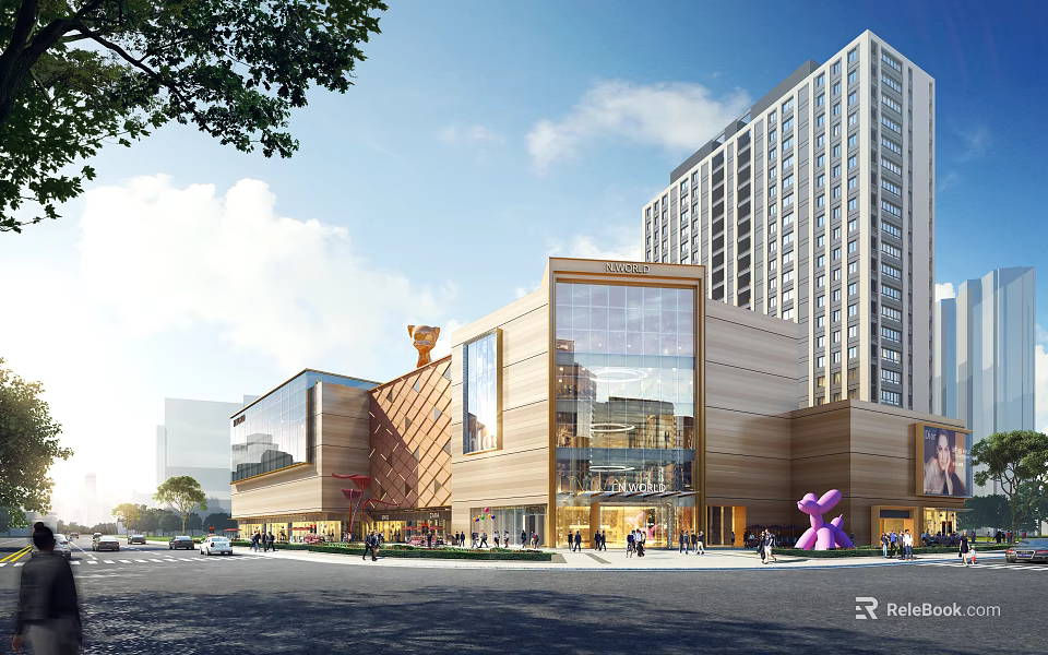 Modern Residential Building with Commercial Mall Outdoor Plaza Green Trees Pedestrians and Vehicles 3d model 