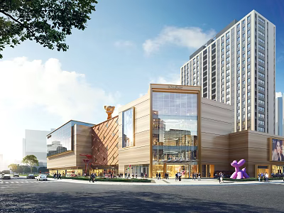 Modern Residential Building with Commercial Mall Outdoor Plaza Green Trees Pedestrians and Vehicles 3d model
