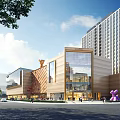 Modern Residential Building with Commercial Mall Outdoor Plaza Green Trees Pedestrians and Vehicles