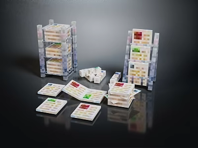 Creative Building Block Bookcase With Multi Layer Structures And Scattered Blocks 3d model
