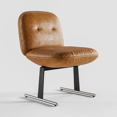 Modern Brown Leather Dining Chair With Padded Seat Button Tufted Backrest And Metal Legs 3d model
