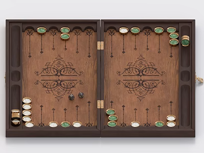 Classic Backgammon Game With Open Wooden Board Green White Pieces And Decorative Patterns 3d model