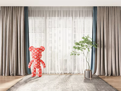 Gray Curtains With White Sheer Panels Red Polka Dot Teddy Bear And Green Plant 3d model