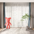 Gray Curtains With White Sheer Panels Red Polka Dot Teddy Bear And Green Plant