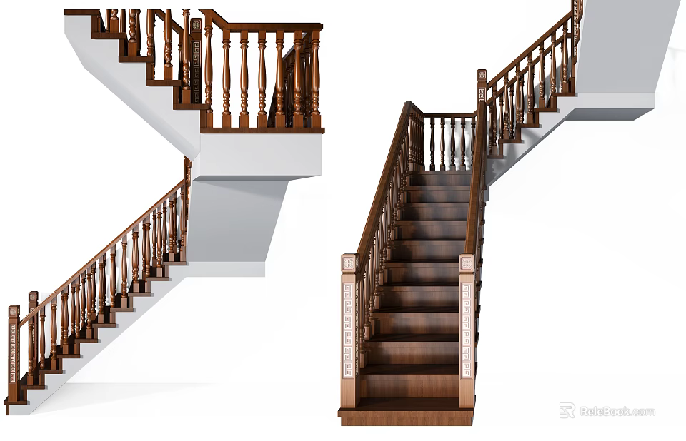Wooden Staircase Interior Design With Classic Railing And Solid Wooden Steps 3d model