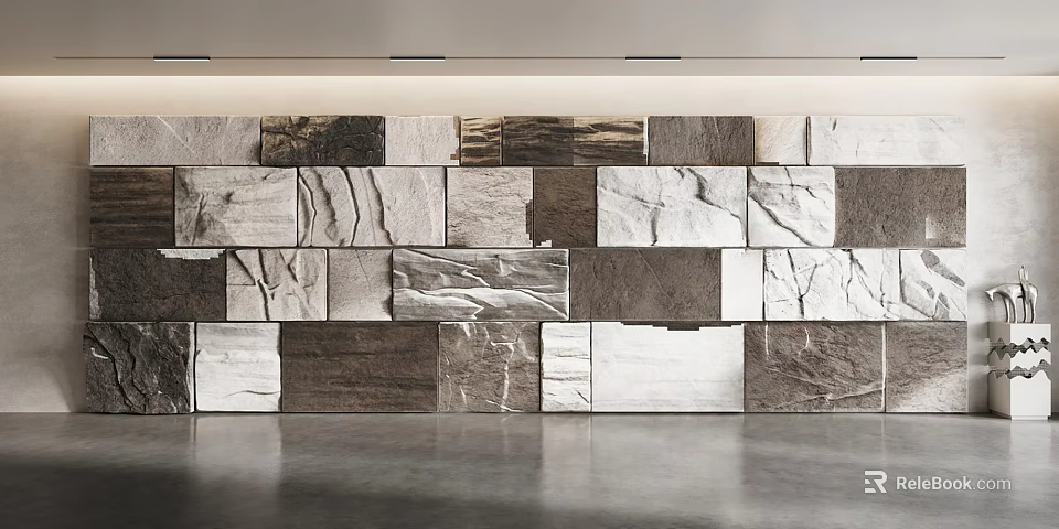 Natural Stone Accent Wall With Mixed Color Tiles And Textured Surfaces For Modern Home Decor 3d model 