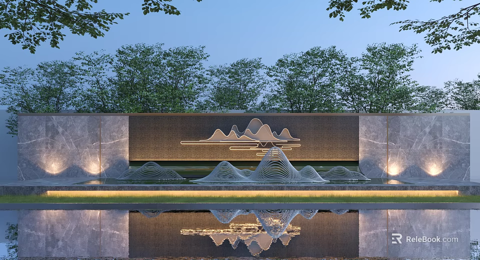 Scenic Wall With Mountain Pattern And Pool Reflection Surrounded By Trees And Soft Lighting 3d model