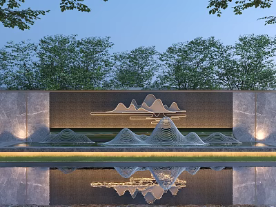 Scenic Wall With Mountain Pattern And Pool Reflection Surrounded By Trees And Soft Lighting 3d model