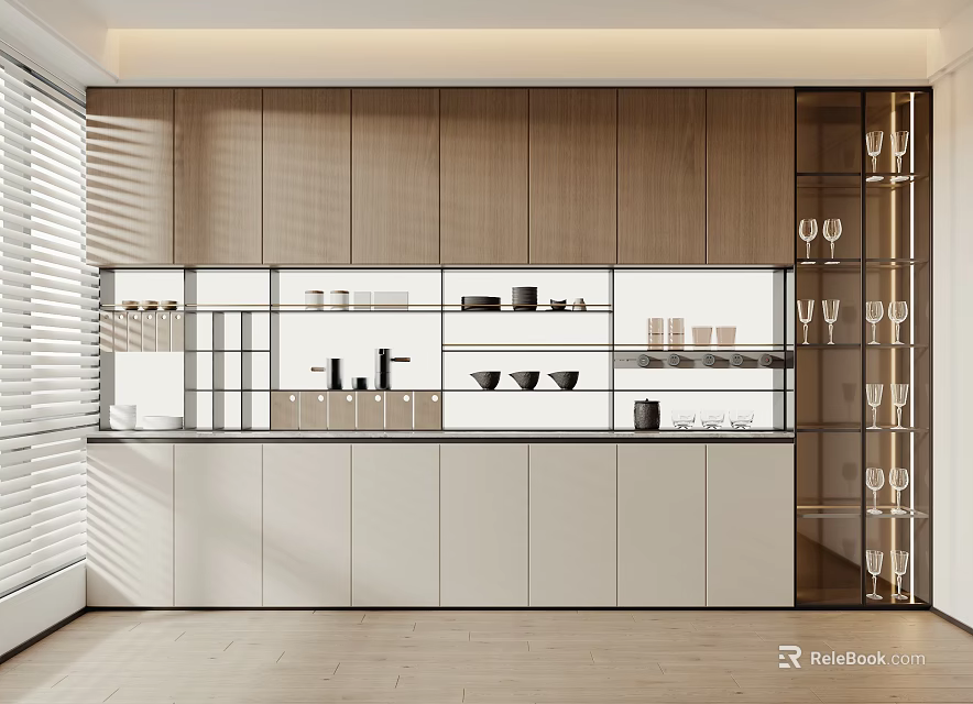 Modern Kitchen Wine Cabinet With Wooden Glass Doors Open Shelves And Wine Glass Racks 3d model 