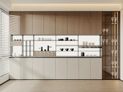 Modern Kitchen Wine Cabinet With Wooden Glass Doors Open Shelves And Wine Glass Racks 3d model
