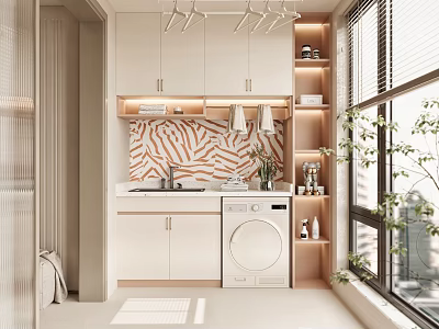 Modern Home Balcony With Washing Machine Cabinets Clothes Drying Rack Green Plants And Sunlight 3d model