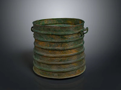 Ancient Bronze Artifact With Two Side Handles Ring Shaped Bands and Intricate Carved Patterns 3d model