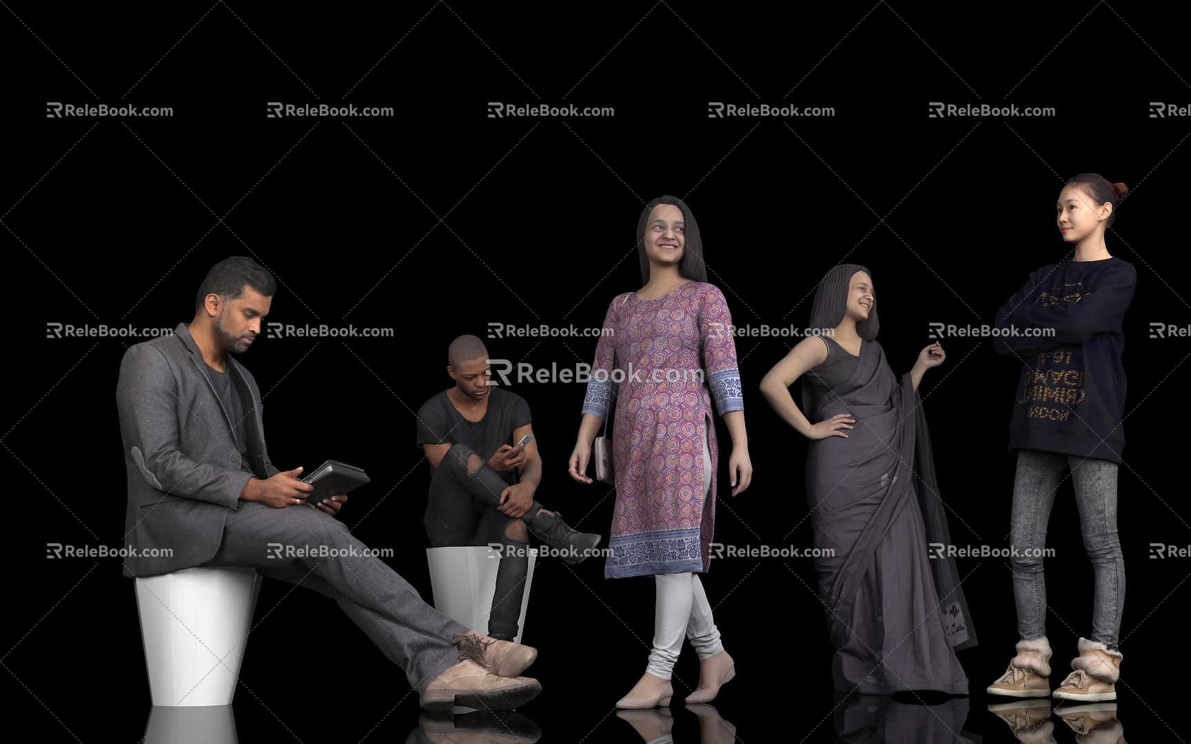 Many women sit, stand, walk, walk, walk, foreigners, Indians, Asians watch cell phones, chat, talk, talk 3d model