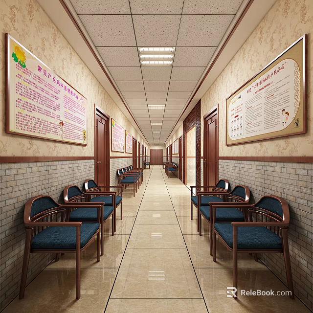 Spacious Elevator Hallway With Blue Chairs Notice Boards Tile Flooring And Ceiling Lighting 3d model 