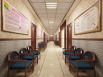 Spacious Elevator Hallway With Blue Chairs Notice Boards Tile Flooring And Ceiling Lighting 3d model