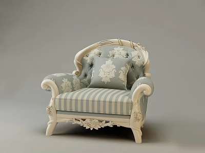 Elegant Blue And White Single Sofa With Carved Arms Striped Cushion And Patterned Pillow 3d model