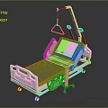 Adjustable Medical Bed With Blue Mattress White Frame And Side Rails On Wheels