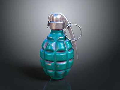 Green Grenade With Diamond Pattern Surface And Silver Fuse Pull Ring 3d model