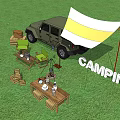 Scenic Garden Landscape With Camping Tent SUV And Wooden Outdoor Furniture