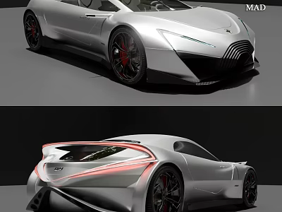 Silver Sports Car With Sleek Aerodynamic Design Sharp Front LED Headlights Red Taillights Black Wheels 3d model