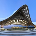 Modern Wave Shaped Architecture With White Roof And Wooden Structure Open Square Lawn Blue Sky