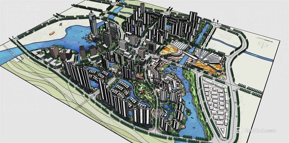 Aerial Planning of Modern Urban Development Featuring High rise Buildings Water Bodies and Green Spaces 3d model 