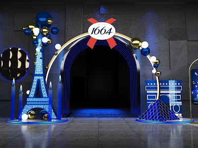 1664 Event Entrance Featuring Blue Archway Eiffel Tower Model And Balloon Decorations With Blue Lighting 3d model