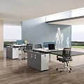 Modern Office Desk With Black Chair Wooden Floor And Large Windows