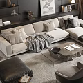 Modern Beige Sofa And Coffee Table Set With Pillows Throw Blanket Armchairs And Area Rug