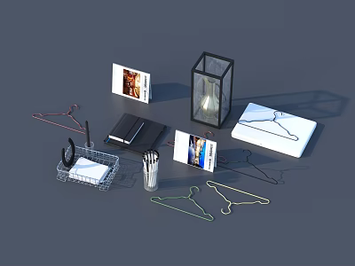 Essential Public Facilities Items Including Hangers Photo Frames Notebook And Glass Tumbler 3d model