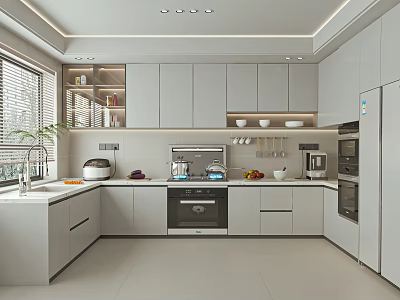 Modern Light Gray Kitchen Interior With Cabinets Appliances Sink Countertop And Window 3d model