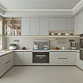 Modern Light Gray Kitchen Interior With Cabinets Appliances Sink Countertop And Window