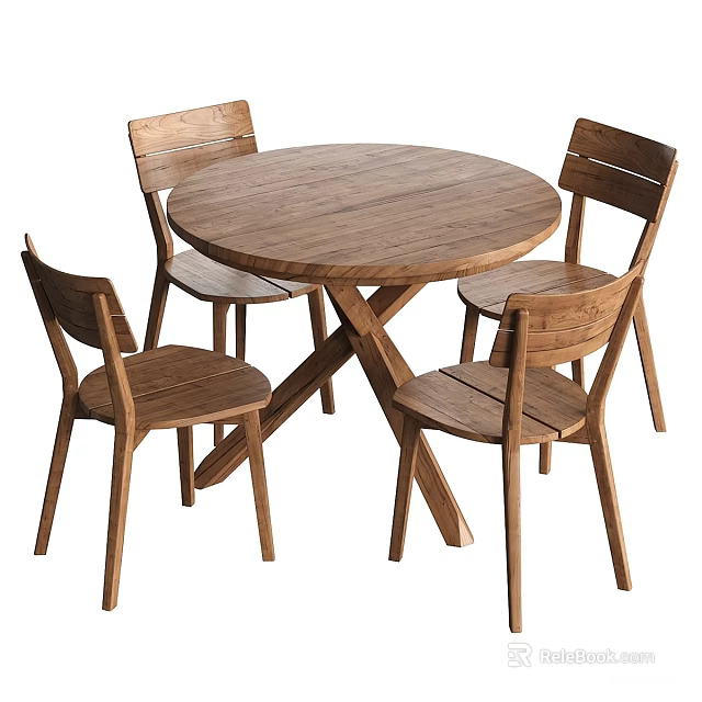 Round Wooden Dining Table Set With Four Solid Wood Chairs And Simple Design 3d model 