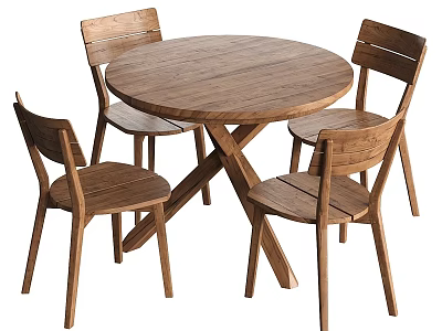 Round Wooden Dining Table Set With Four Solid Wood Chairs And Simple Design 3d model