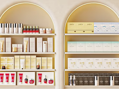 Elegant Organized Perfumes And Cosmetics Display With Various Bottles And Packaged Products On Shelves 3d model