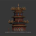 Cartoon Chinese Traditional Tower With Golden Decorations And Red Doors On Gray Stone Base