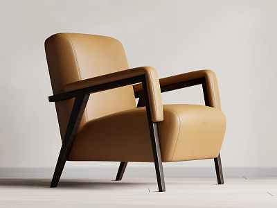 Stylish Modern Single Armchair With Tan Leather Upholstery And Black Wooden Legs 3d model