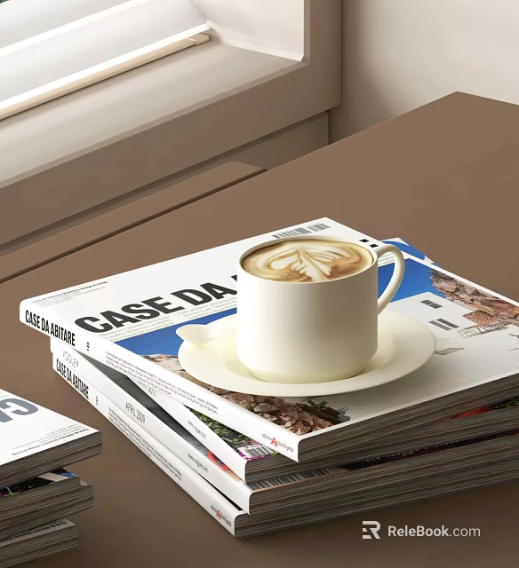Stack Of Lifestyle Magazines With Latte Coffee Cup And Home Images On Top 3d model 