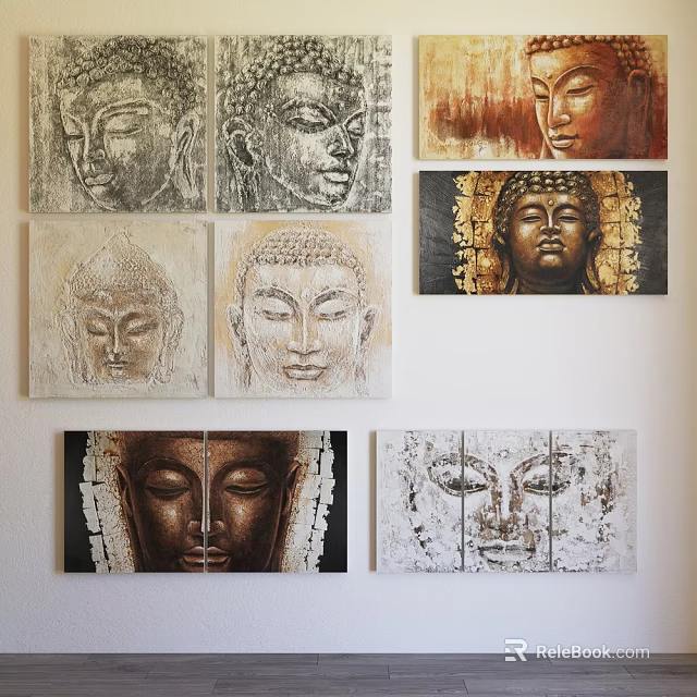Buddha Face Paintings in Various Color Styles for Interior Wall Decor 3d model