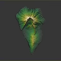 3D Volcanic Terrain Model With Green Yellow Elevation And Central Cone