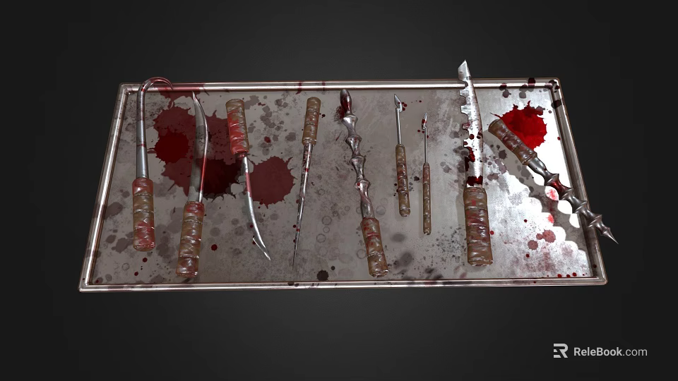 Various Medical Surgical Instruments on Stainless Steel Tray with Blood Stains 3d model 