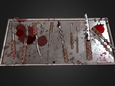 Various Medical Surgical Instruments on Stainless Steel Tray with Blood Stains 3d model
