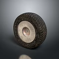 3D Rendered Tire With Black Tread Patterns Silver Rim And Central Hole On Gray Background