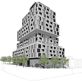Modern Stacked Office Building With Multiple Windows And Surrounding Trees