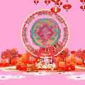 Floral Display Featuring Ferris Wheel Red Lanterns and Cherry Blossom Trees on Pink Background